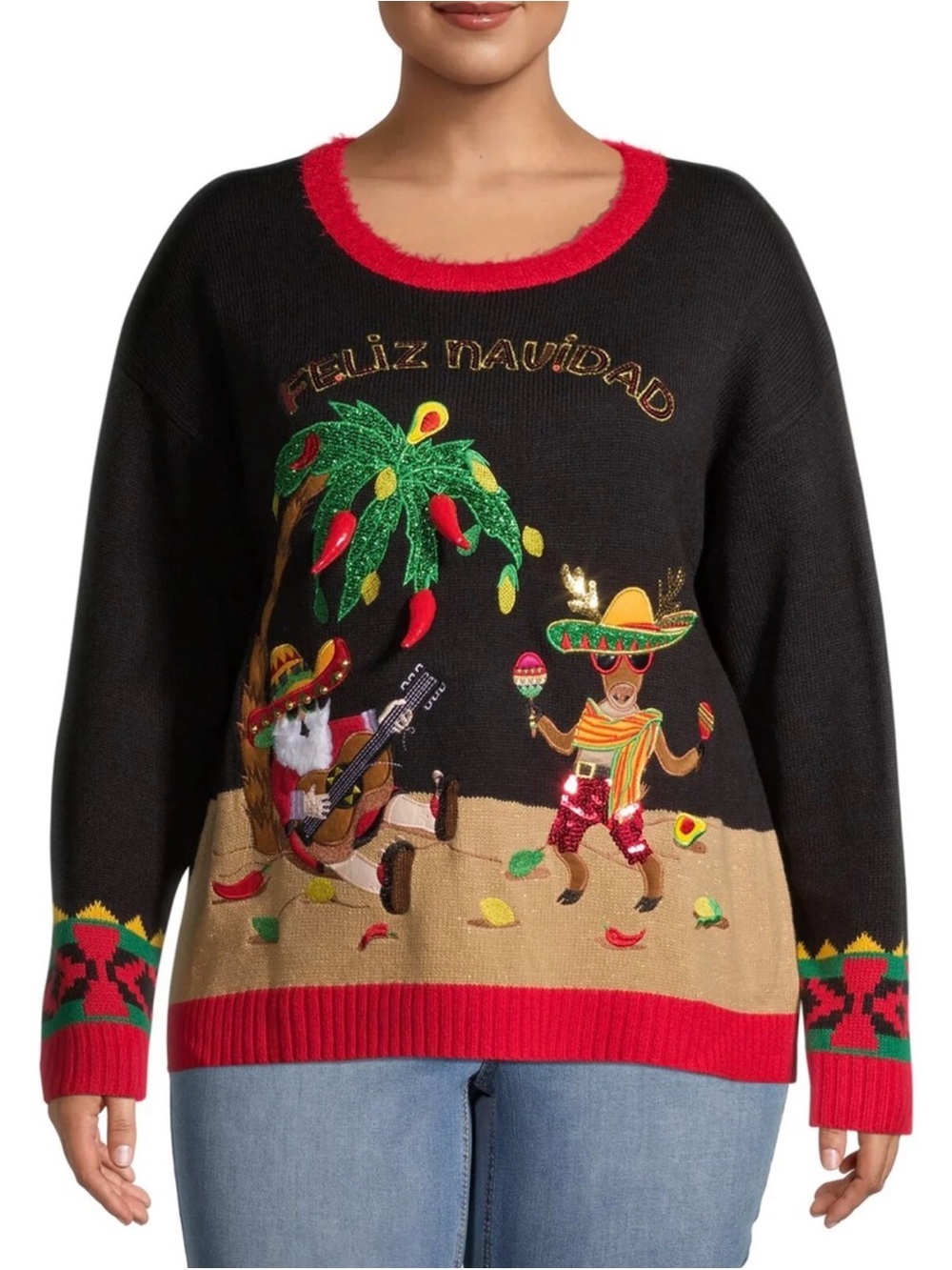 Feliz Navidad Black Novelty Sweater with Red Trim